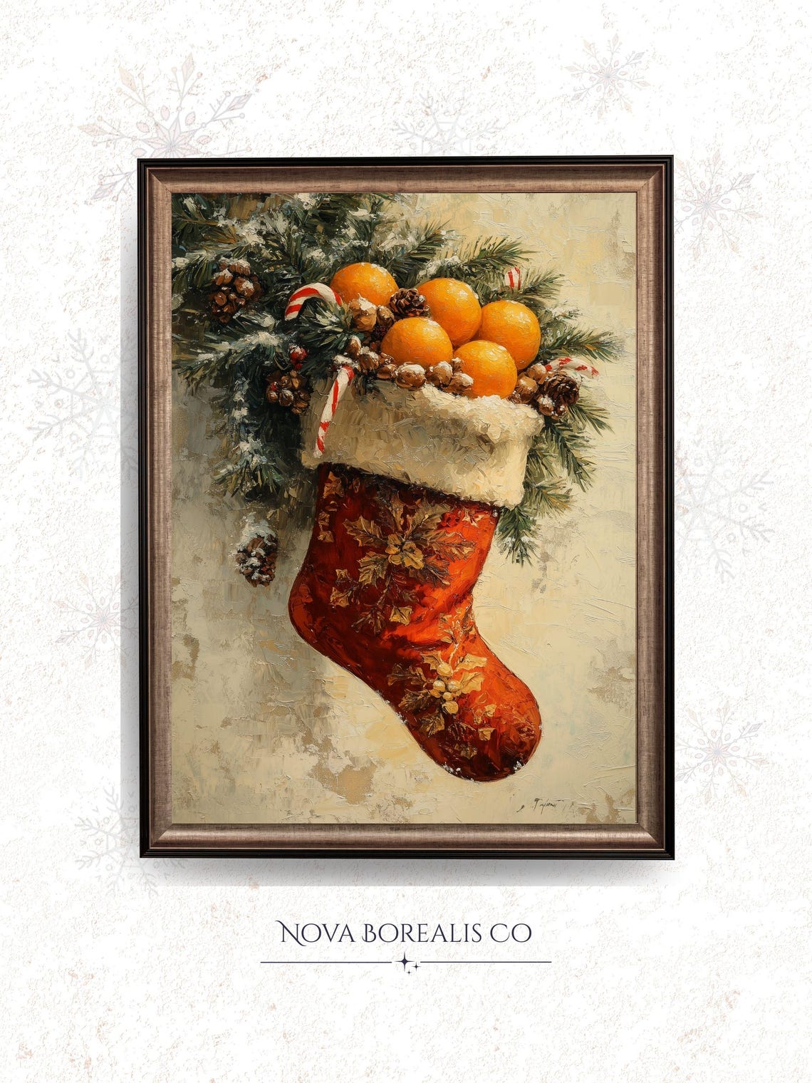 Vintage Christmas Stocking Oranges Candy Canes Rustic Art Poster