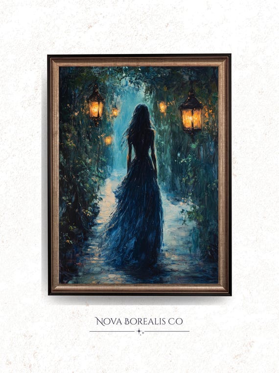 Spectral Woman In Moonlit Forest Moody Oil Painting Ethereal Night Scene Elegant Dress Art Mystical Wall Decor 31