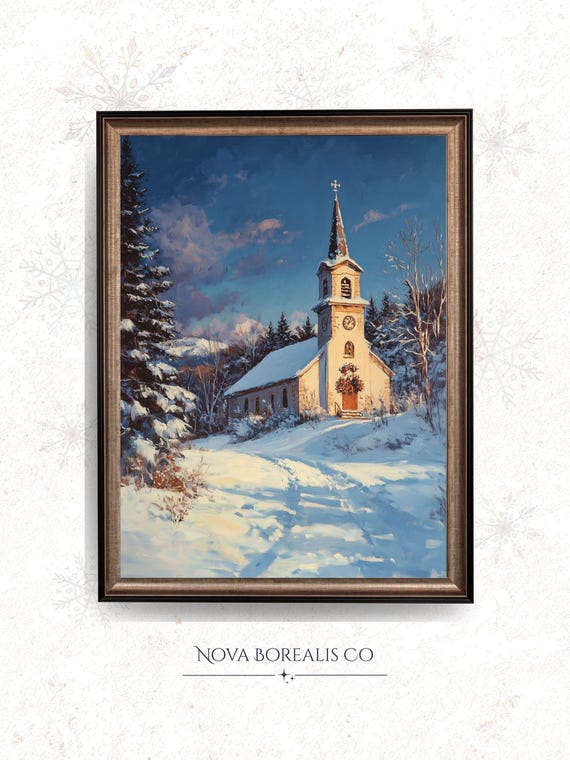 Vintage Winter Church Scene Snowy Countryside Rustic With Fir Trees Cozy Holiday Wall Decor Artwork 138