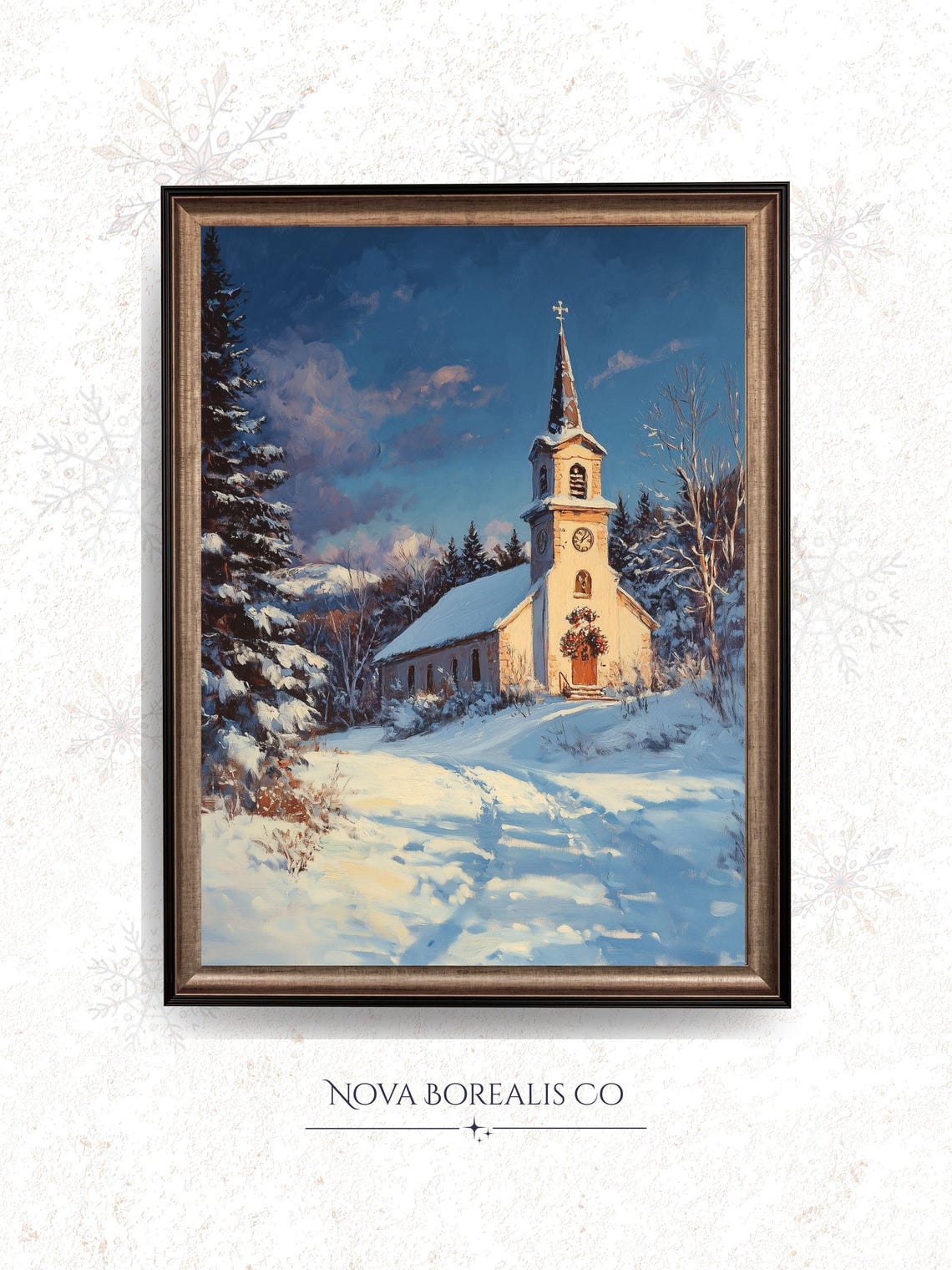 Vintage Snowy Church Steeple Clock Countryside Winter Night Art Poster