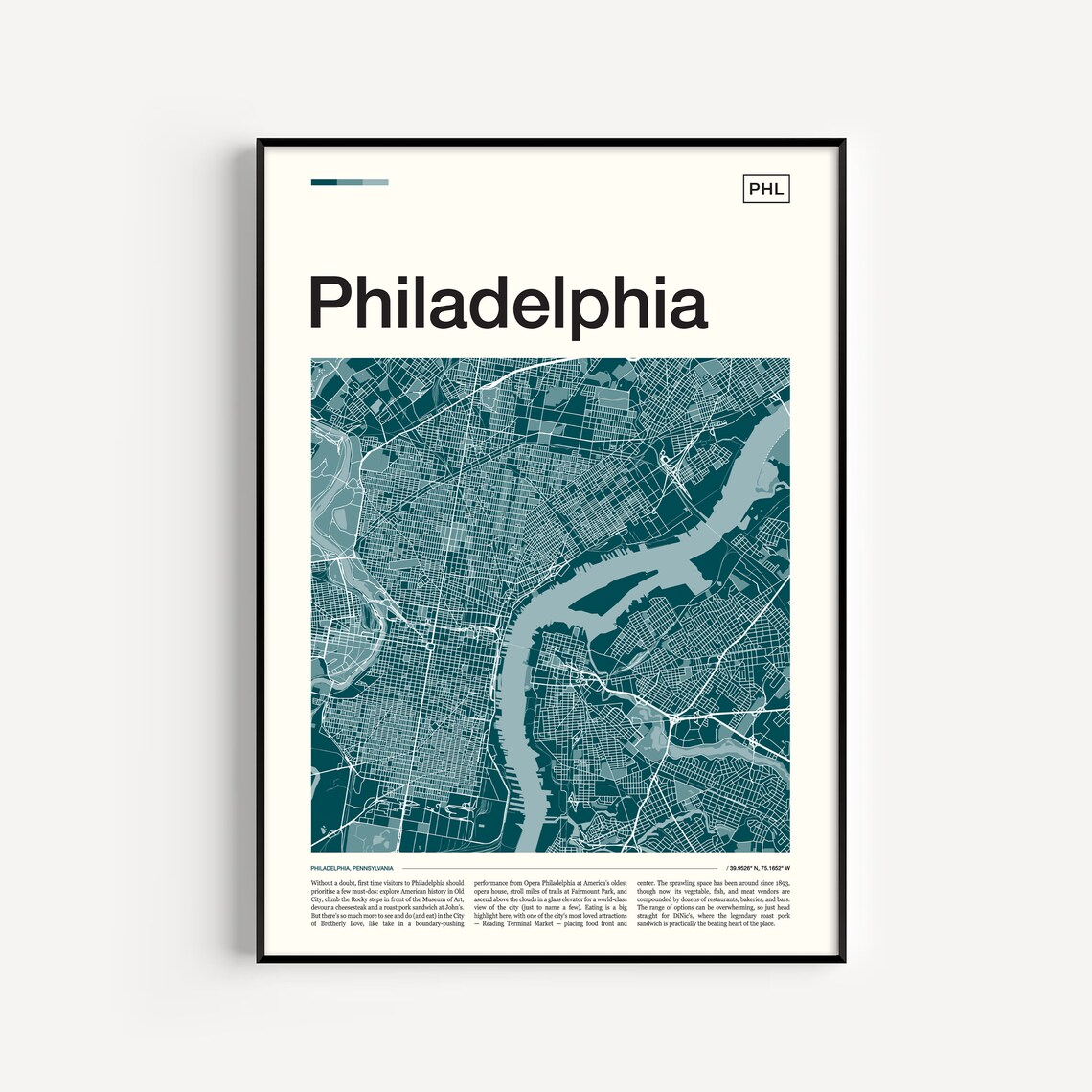 Philadelphia City Street Map Deep Teal Cartography Art Poster