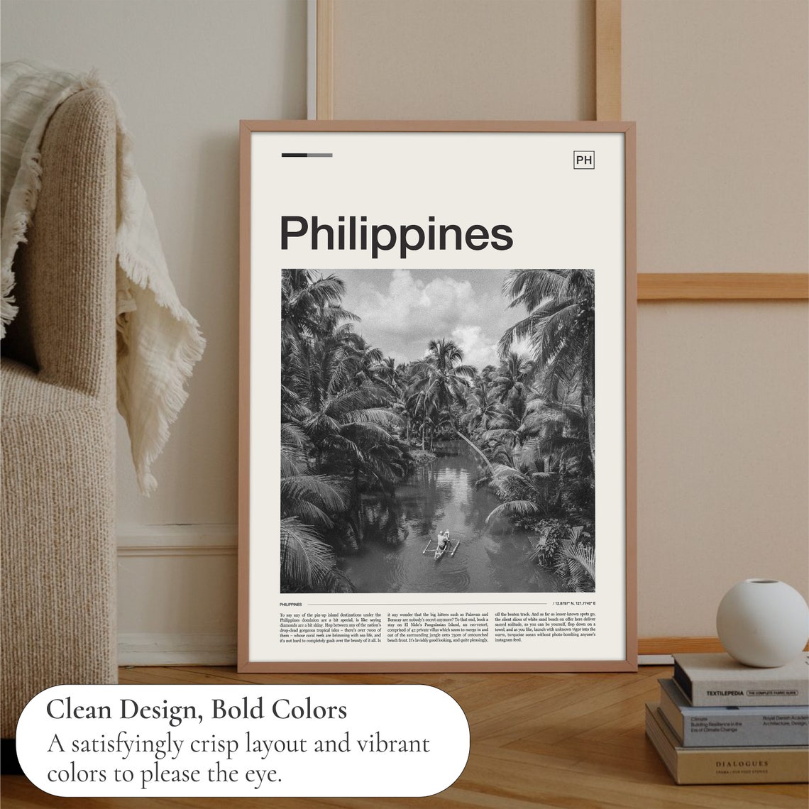 Philippines Black White Palm River Boat Tropical Scene Poster - Image 3