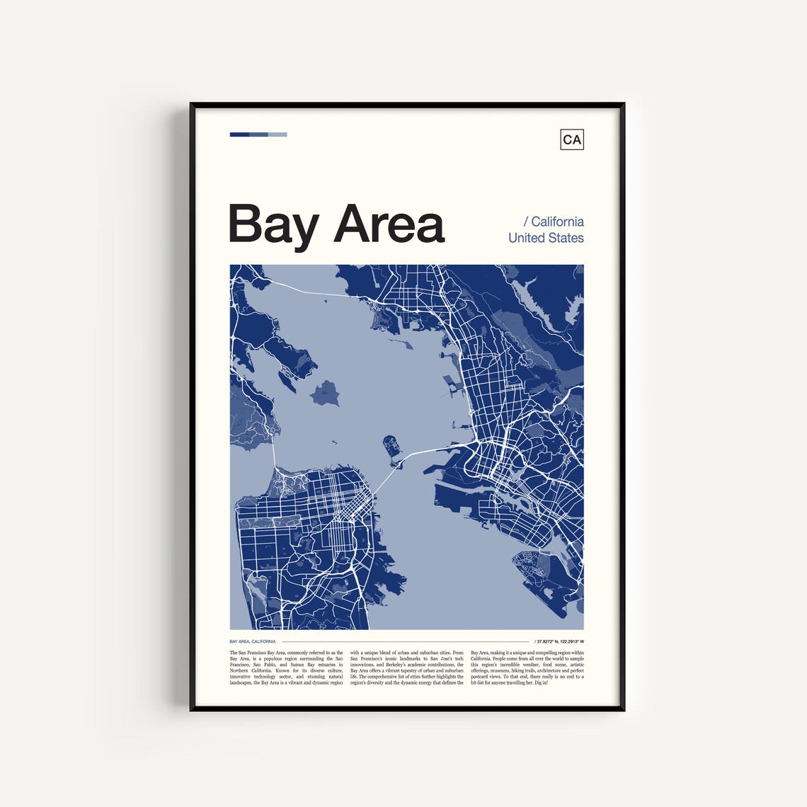 Bay Area California United States Deep Navy Blue City Map Poster