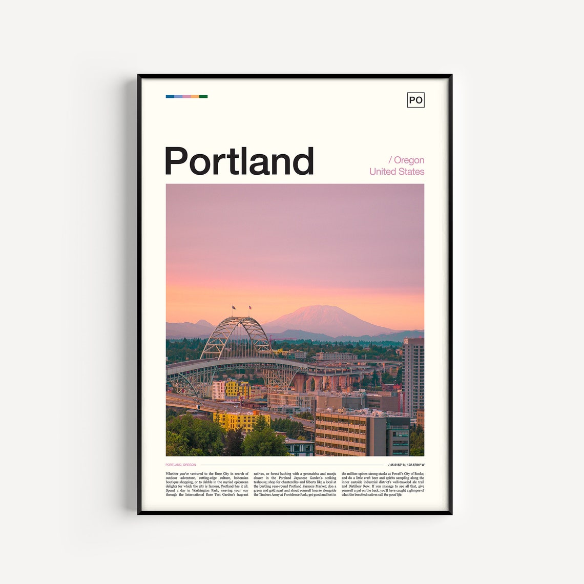 Portland Oregon Sunset Bridge Mountain Skyline Photo Travel Poster