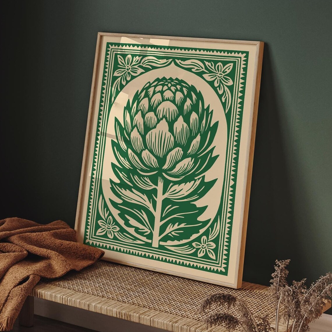 Green Artichoke Botanical Folk Linocut Style Kitchen Wall Poster