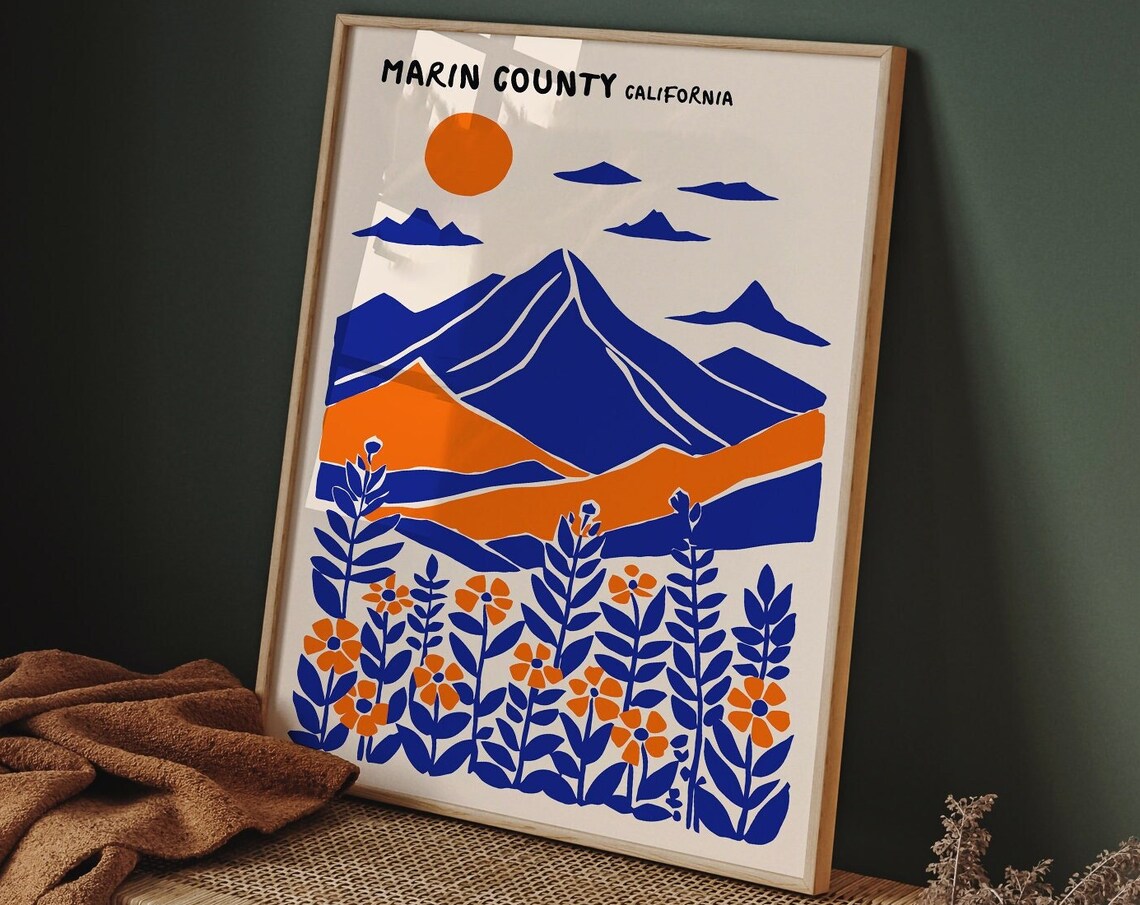 Marin County California Blue Orange Mountain Landscape Poster