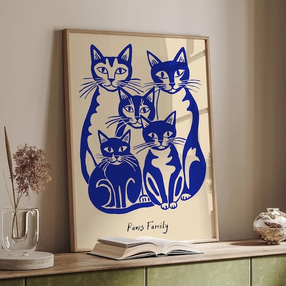 Blue Indigo Cat Family Retro Paws Family Feline Portrait Poster