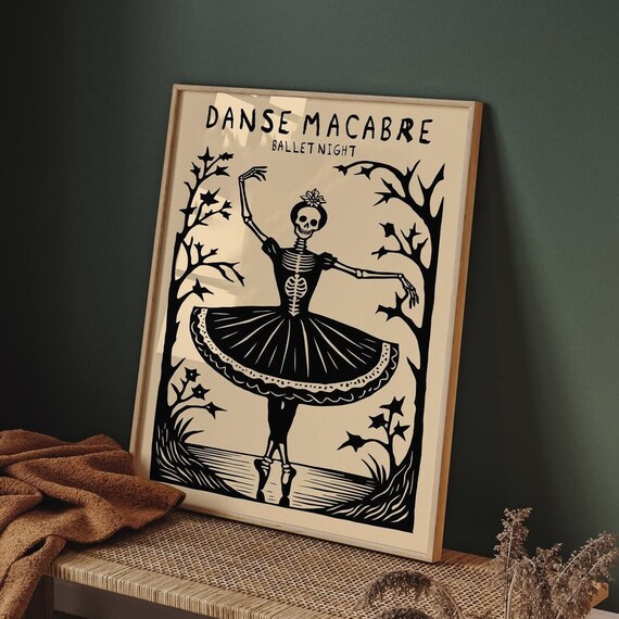 Spooky Danse Macabre Ballet Night Skeleton Ballerina Woodcut Poster