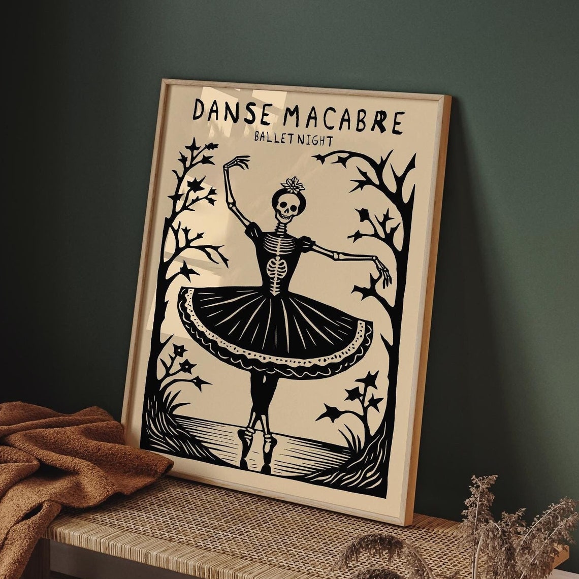 Spooky Danse Macabre Ballet Night Skeleton Ballerina Woodcut Poster