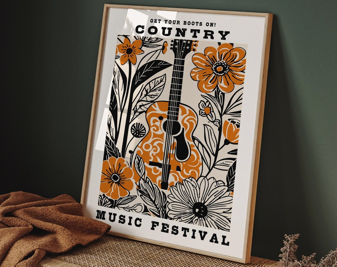 Country Music Festival Guitar Orange Floral Vintage Style Poster - Image 6