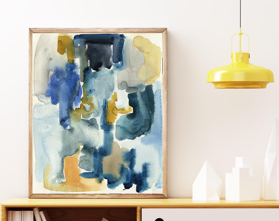 Blue Mustard Yellow Abstract Watercolor Bold Modern Art Poster - Image 3