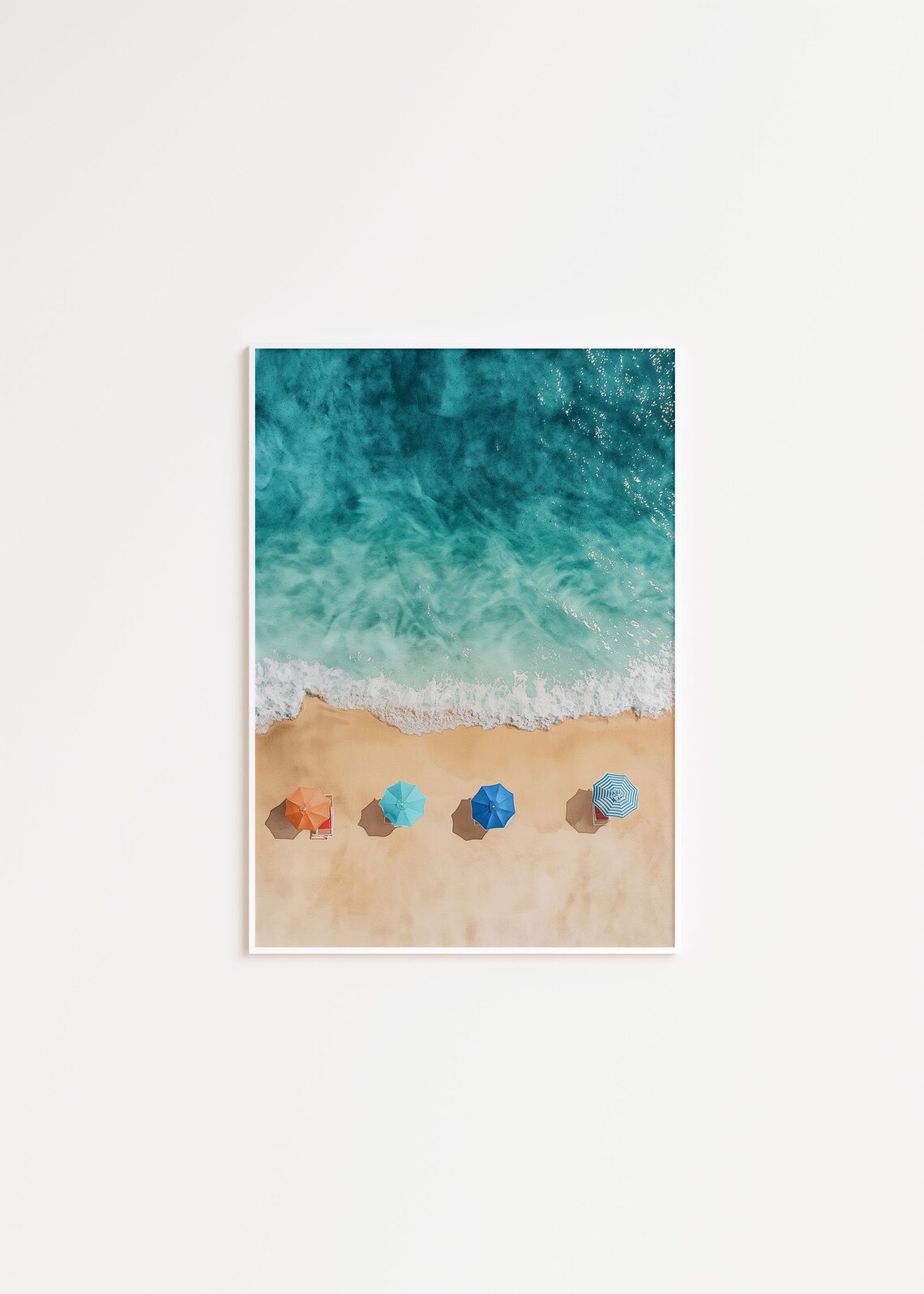 Aerial Beach View with Colorful Umbrellas Ocean Sand Wall Art