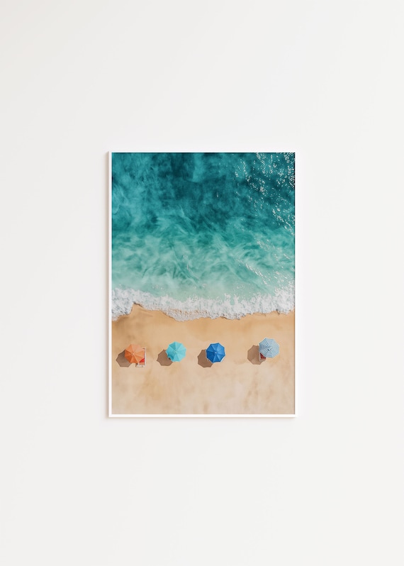 Aerial Beach View with Colorful Umbrellas Ocean Sand Wall Art