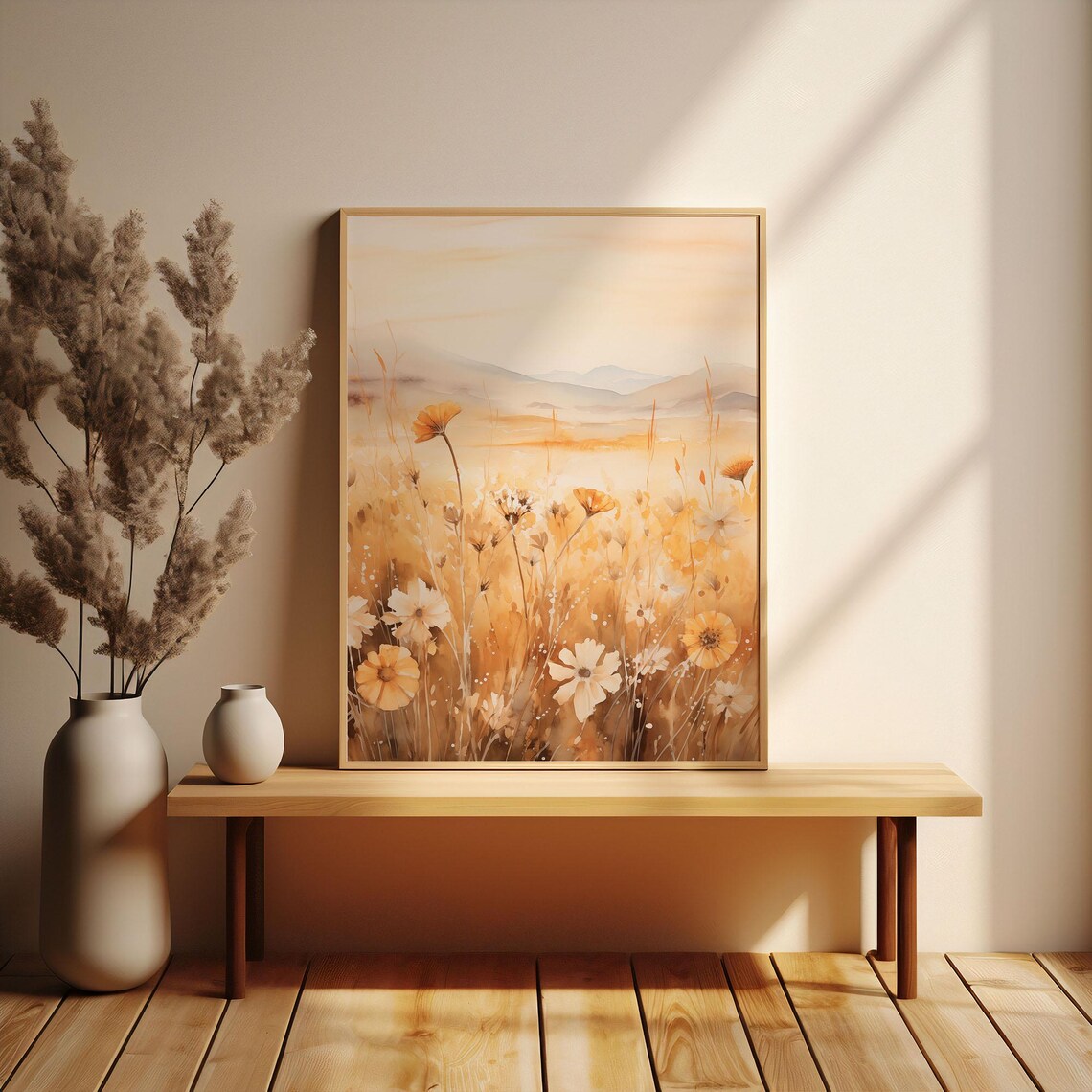 Amber Wildflower Field Watercolor with Rolling Hills Landscape Poster