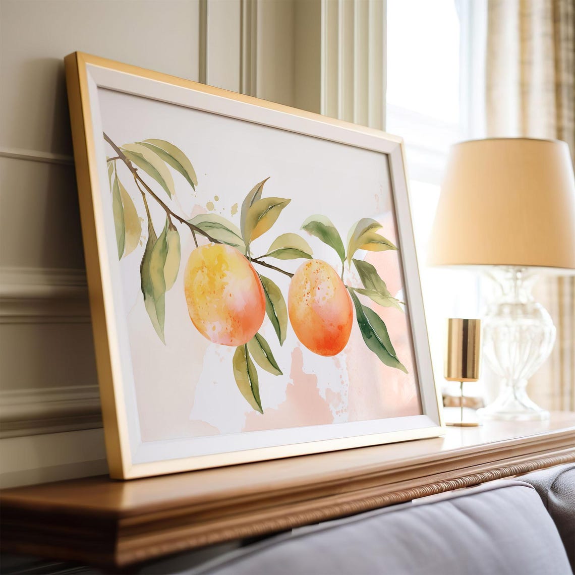 Two Apricots on a Branch Watercolor with Soft Pink Wash Poster