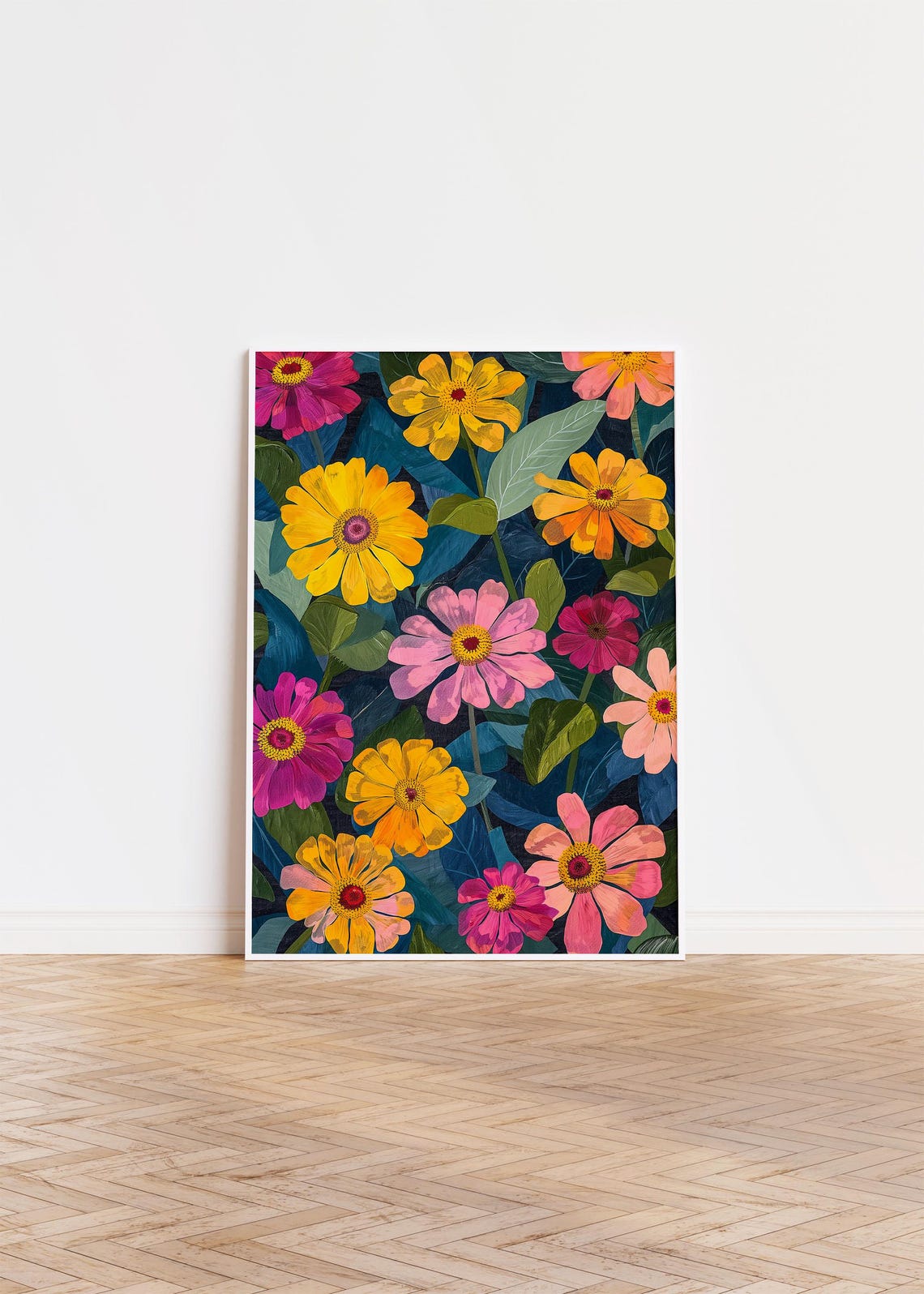 Colorful Zinnia Flower Garden Painting on Dark Teal Background Poster