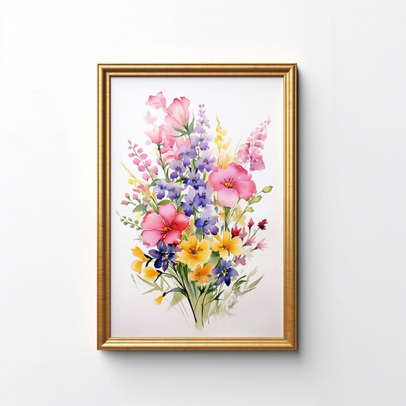 Pastel Wildflower Bouquet In Gold Frame Watercolor Floral Poster