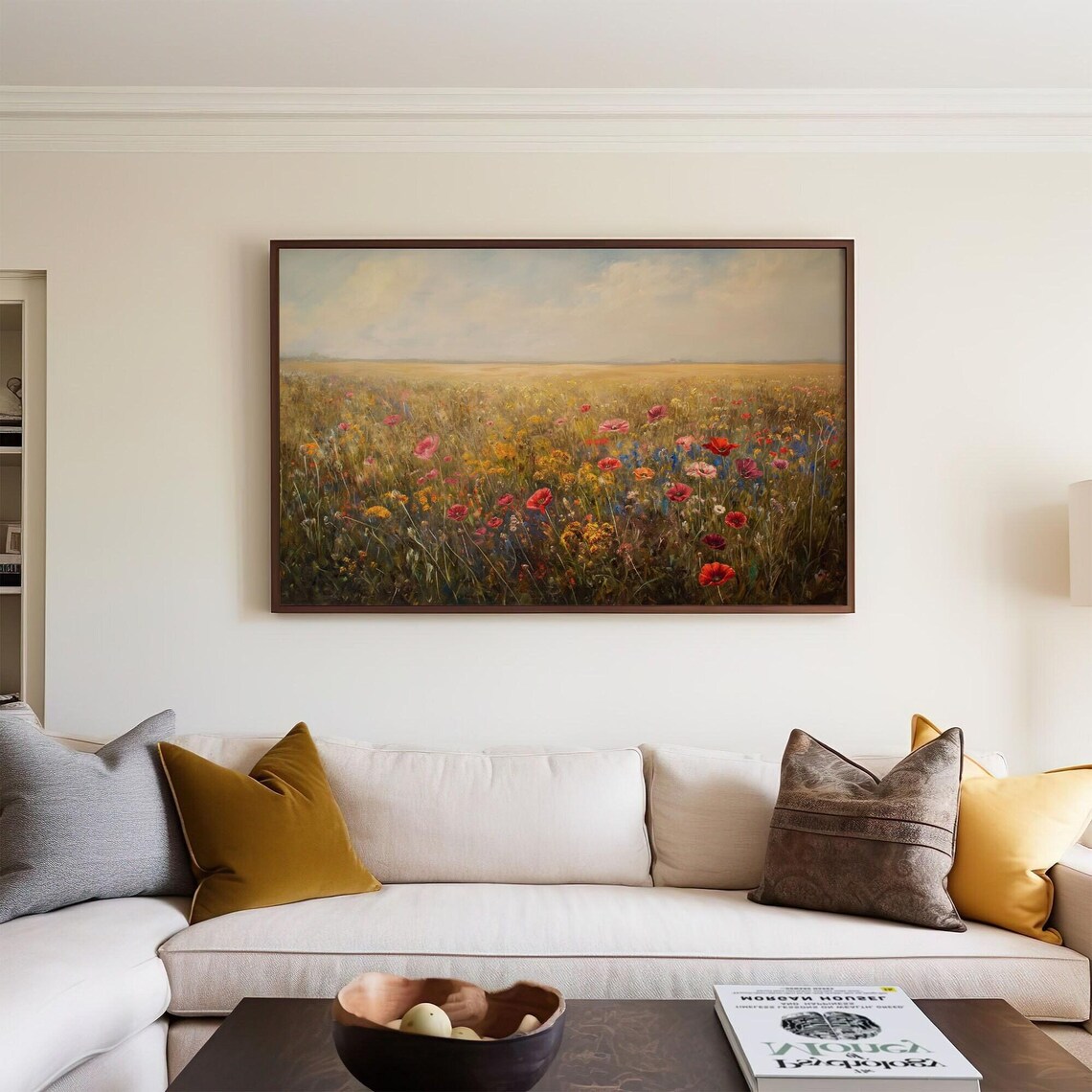 Vintage Wildflower Landscape Art Print, Rustic Field