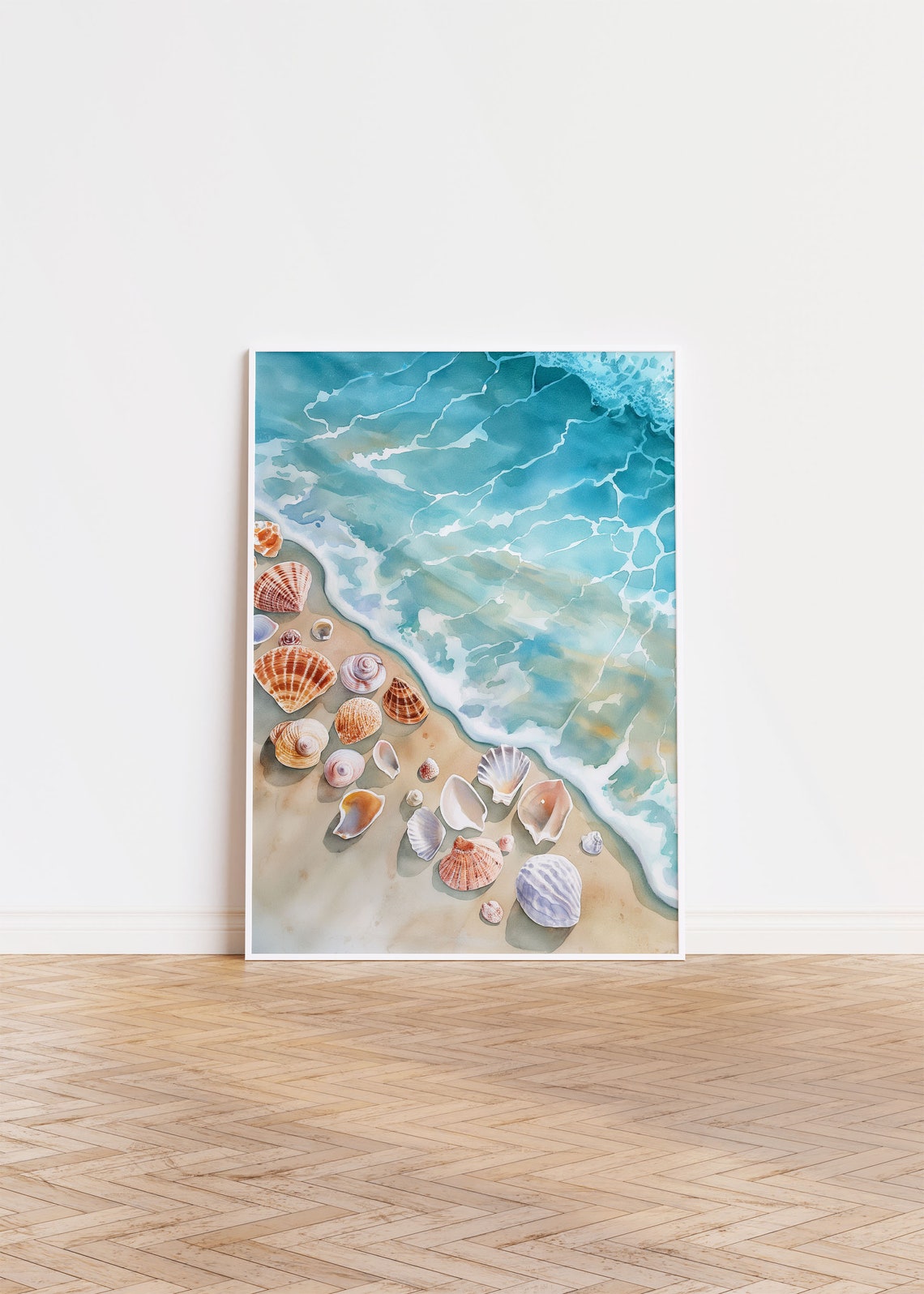 Aerial Ocean Shoreline Watercolor Seashell Beach Coastal Wall Art