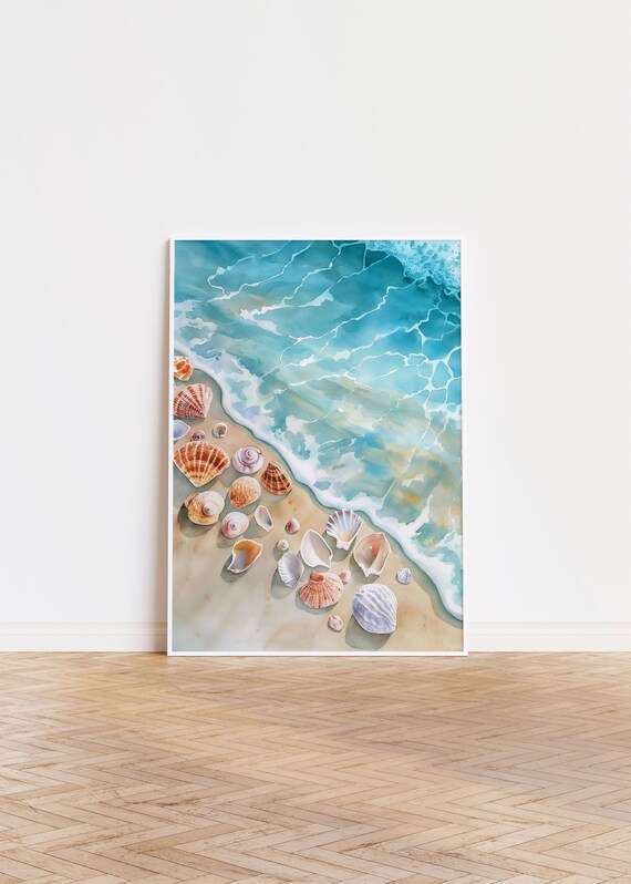 Aerial Ocean Shoreline Watercolor Seashell Beach Coastal Wall Art
