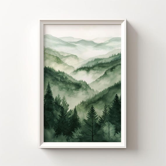 Green Forest Landscape Painting Mountain Nursery Wall Art Abstract Nature Print Mountain Wall Art Forest Wall Art Boys Bedroom Wall Art 137