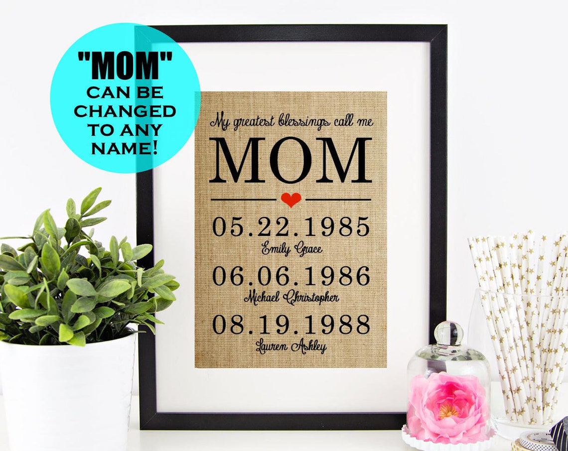 My Greatest Blessings Call Me Mom Birth Dates Burlap Gift Poster