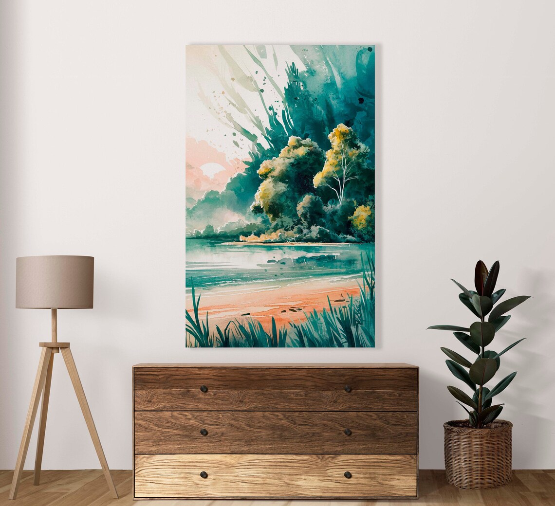 Tropical Beach Landscape With Lush Green Trees Watercolor Poster