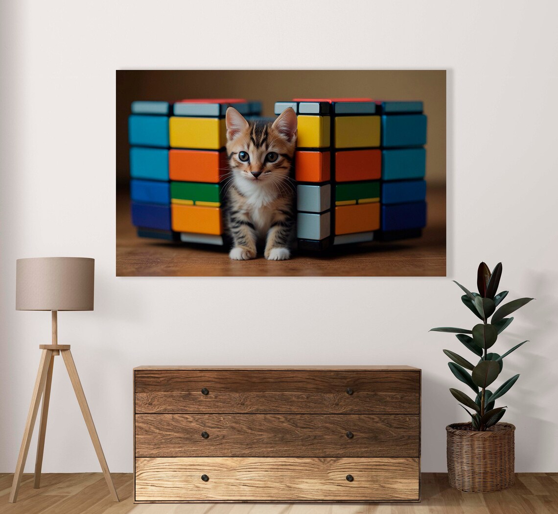 Cute Kitten Escaping Cubes Poster Of 1 Image Home Art Decor Gray Kitty Between Cubes Illustration Art
