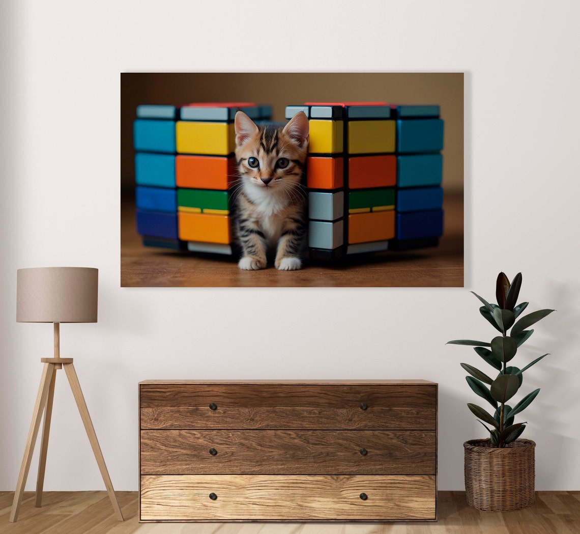 Tabby Kitten Peeking Between Colorful Puzzle Cube Blocks Poster
