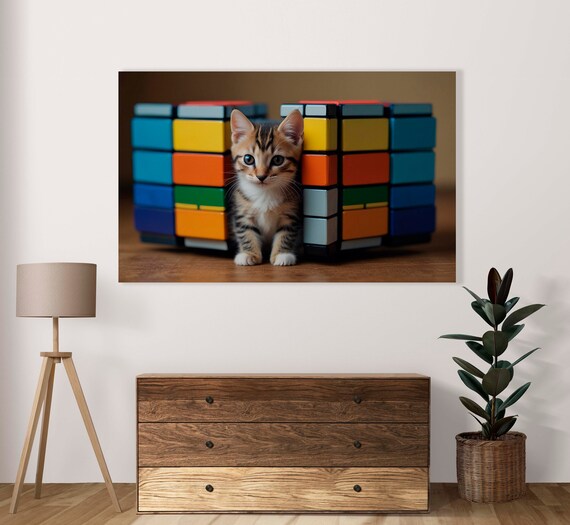 Cute Kitten Escaping Cubes Poster Of 1 Image Home Art Decor Gray Kitty Between Cubes Illustration Art