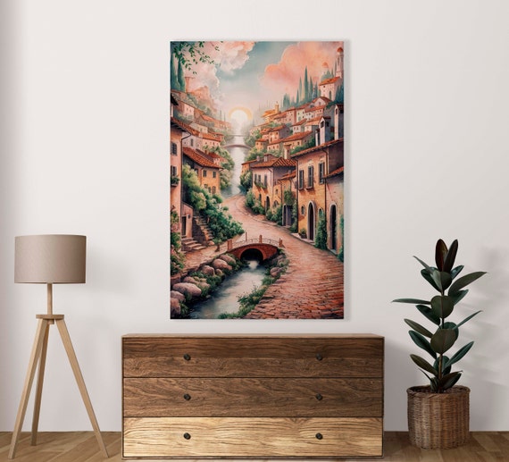 Vintage River Village Scene Poster Set Of 1 Jpg Image Watercolour Wall Art Decoration Commercial Use