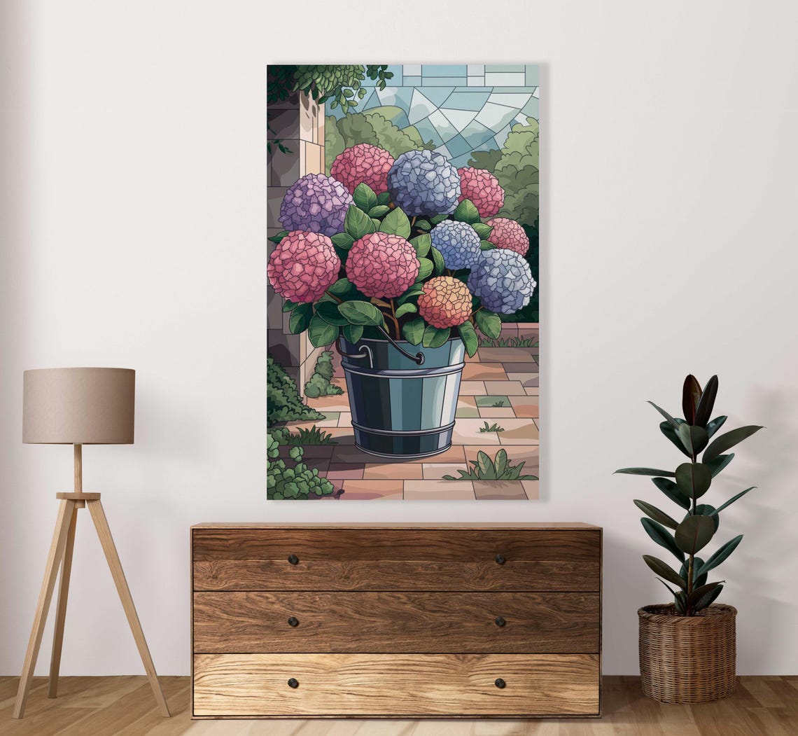 Colorful Hydrangeas In Metal Bucket Garden Stained Glass Poster
