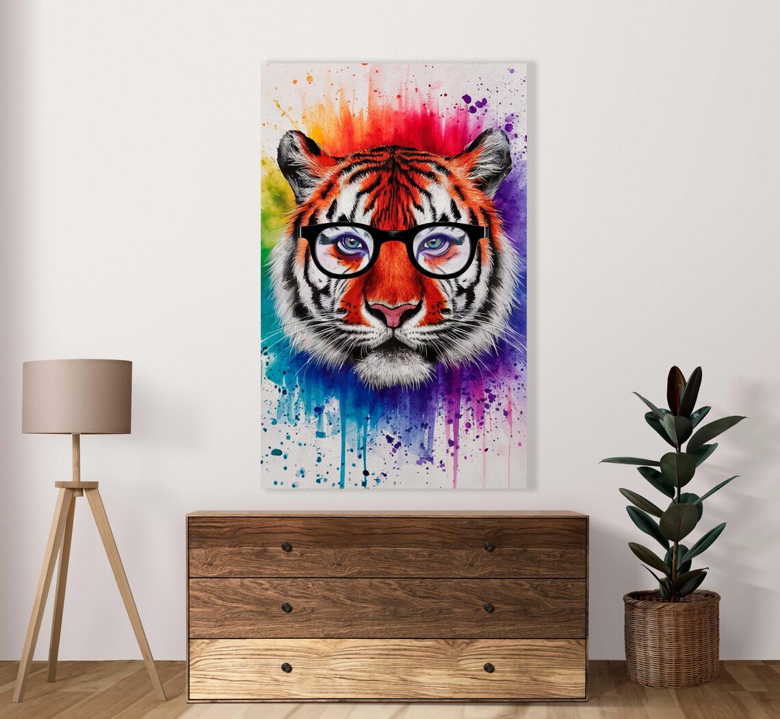 Tiger Wearing Black Glasses Rainbow Watercolor Funny Art Poster