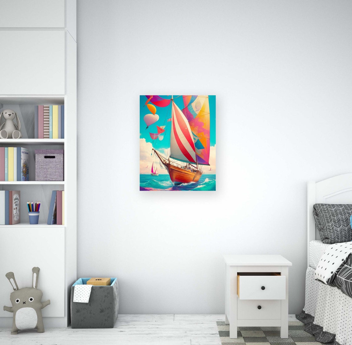 Vibrant Sailboat With Red Striped Sails And Floating Balloons Poster - Image 2