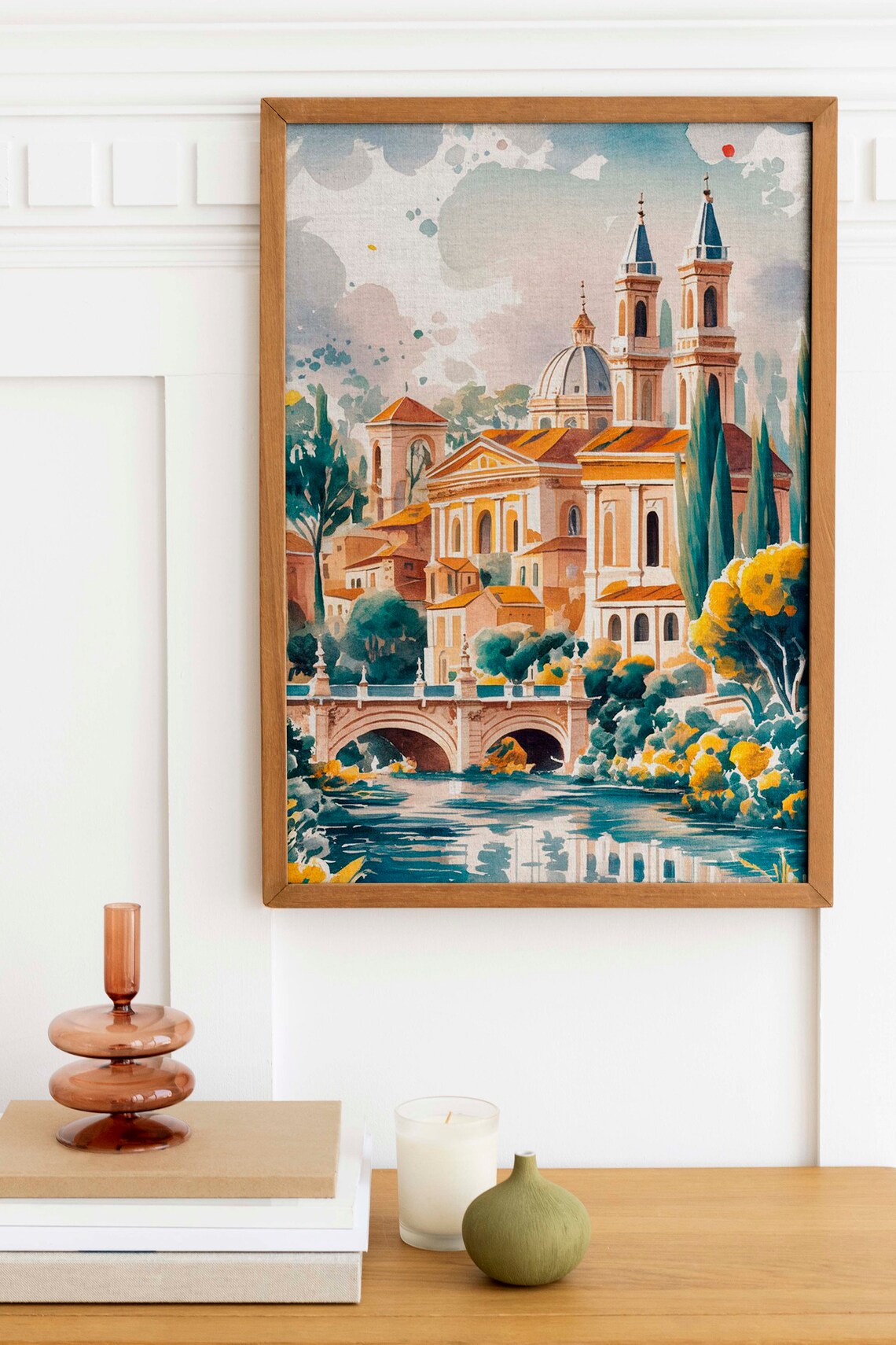 European Riverside Town With Twin Church Towers Watercolor Poster - Image 2
