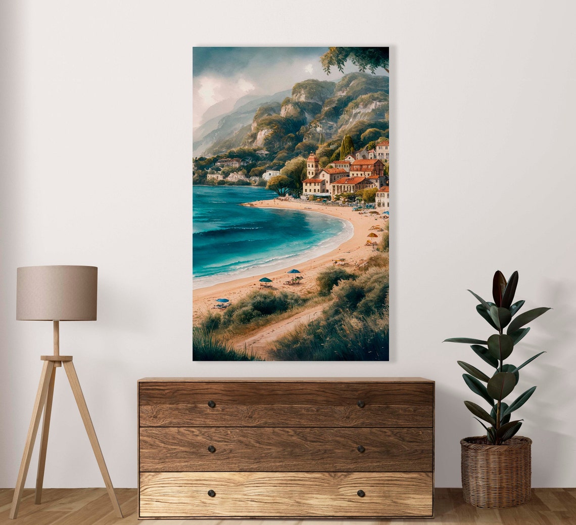 Curved Sandy Beach With Hillside Coastal Town Watercolor Poster