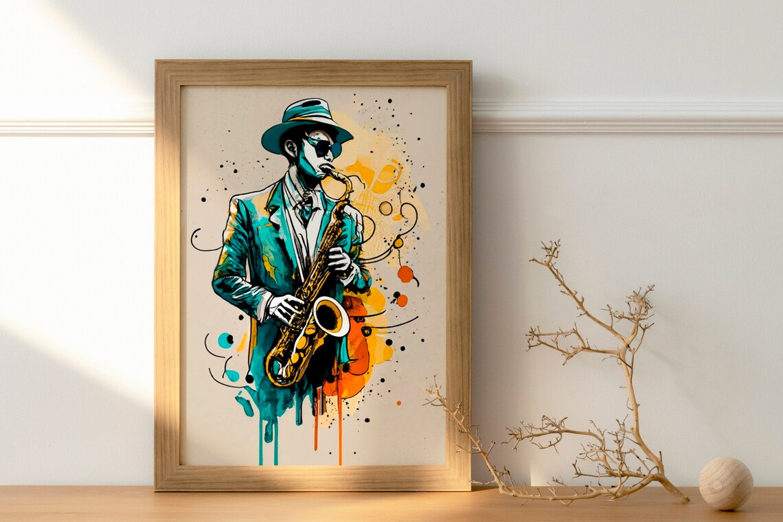 Jazz Saxophonist In Hat Teal Orange Splash Illustration Poster - Image 3