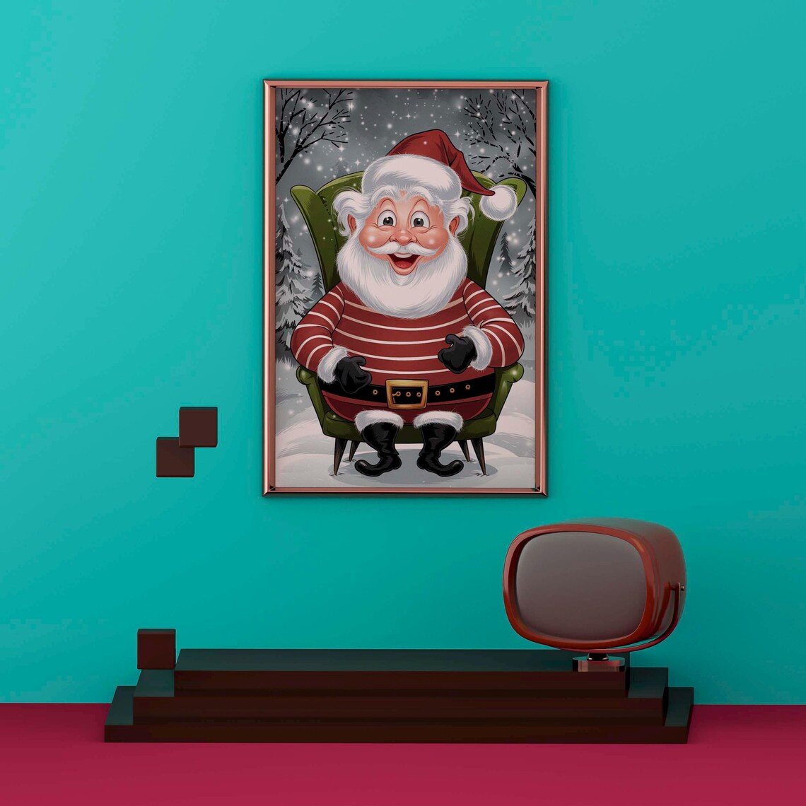 Smiling Cartoon Santa Armchair Striped Sweater Snowy Scene Poster - Image 2