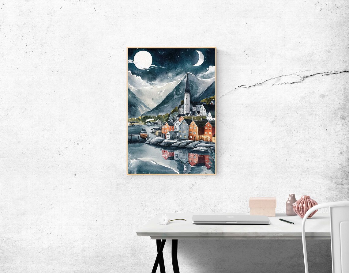 Two Moons Over Snowy Mountain Village Watercolor Night Poster - Image 2