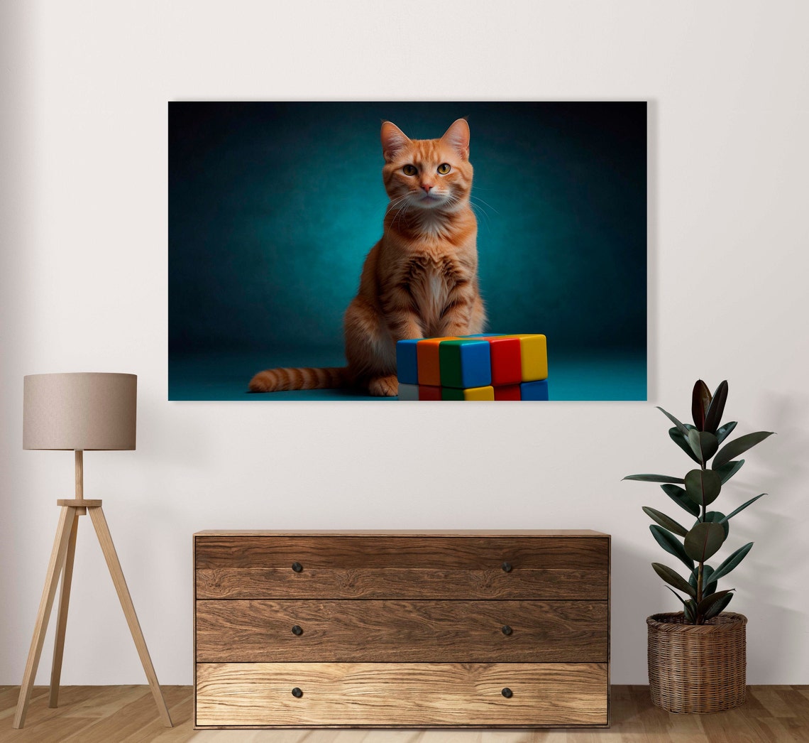 Orange Cat Sitting By Big Puzzle Cube Teal Studio Photo Poster