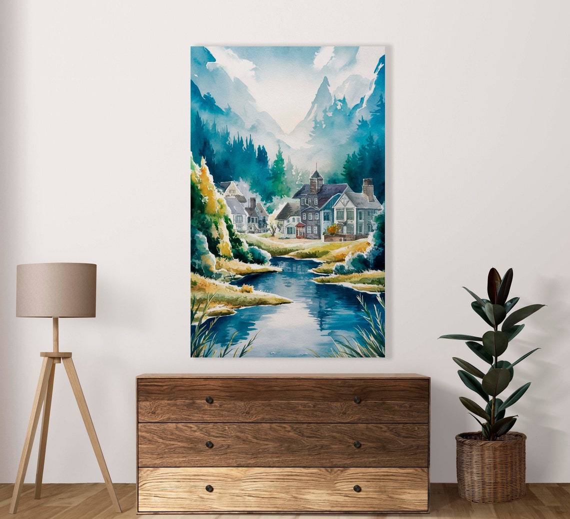 Mountain Village By A Blue River Watercolor Landscape Poster