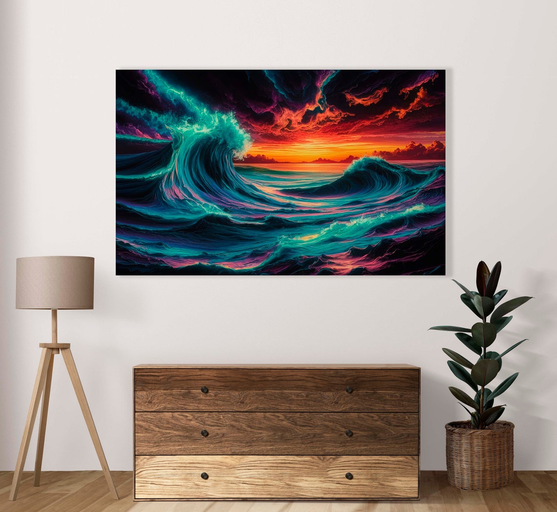 Neon Teal Purple Waves Orange Sunset Horizon Ocean Art Poster