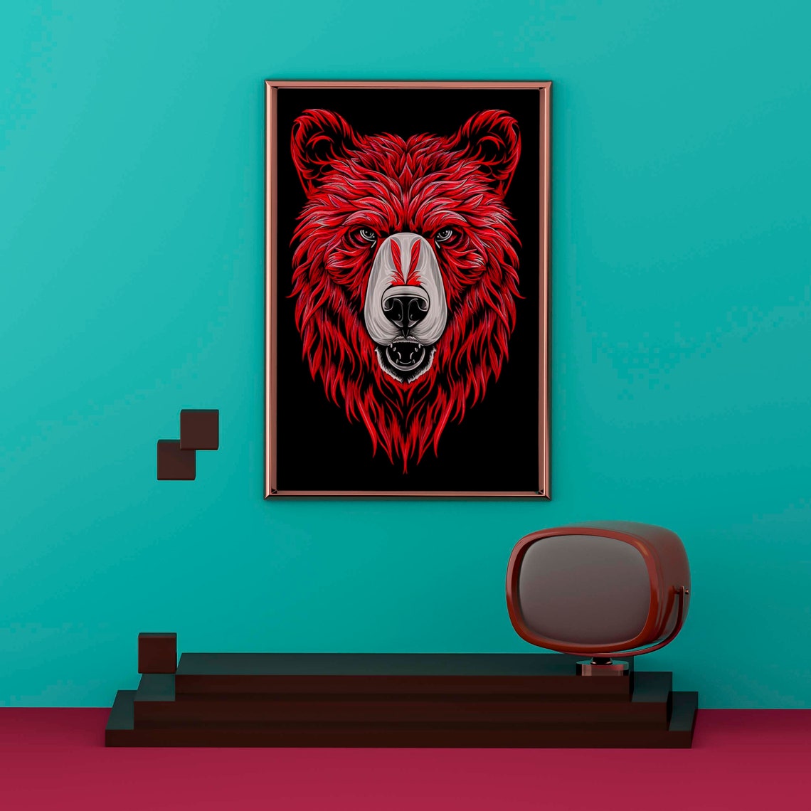 Fierce Red Bear Head Illustration On Black Background Poster - Image 2