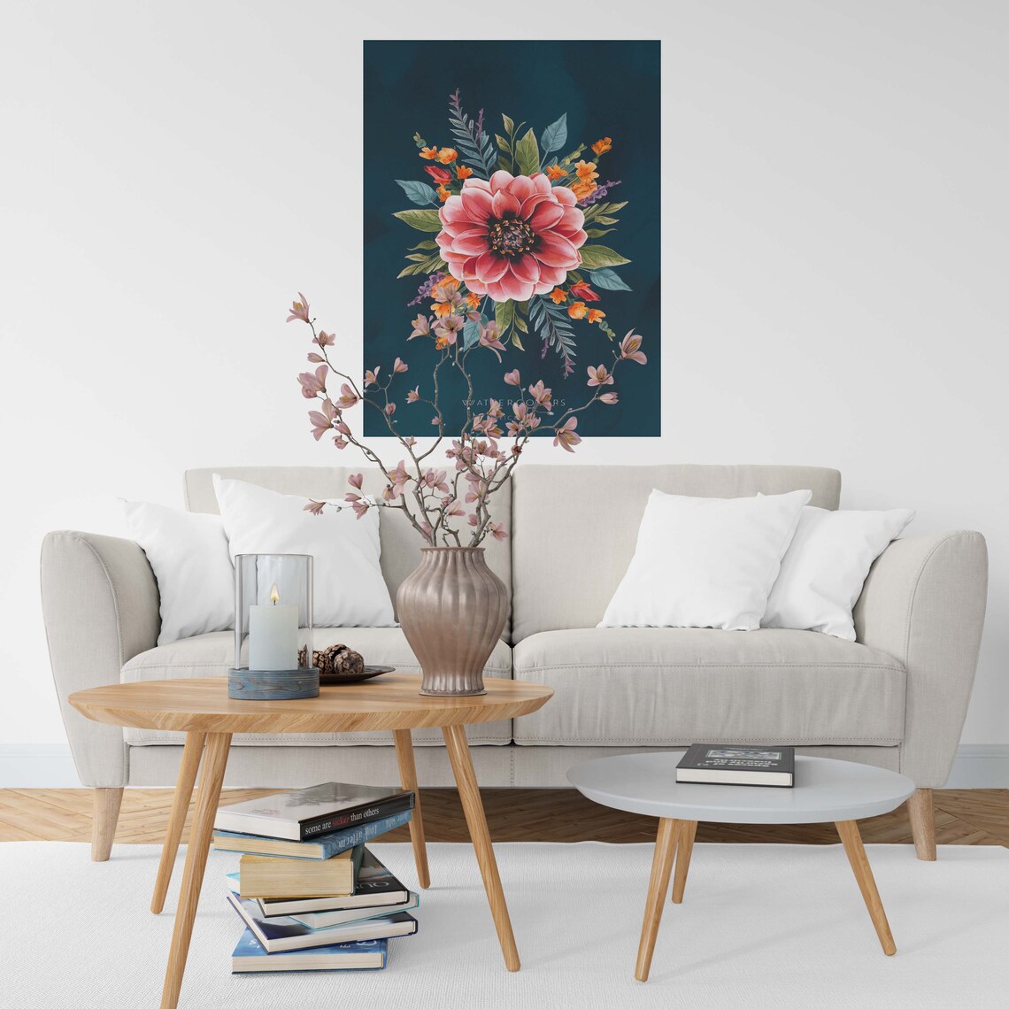 Pink Dahlia Watercolor Bouquet Dark Navy Botanical Art Poster - Image 2