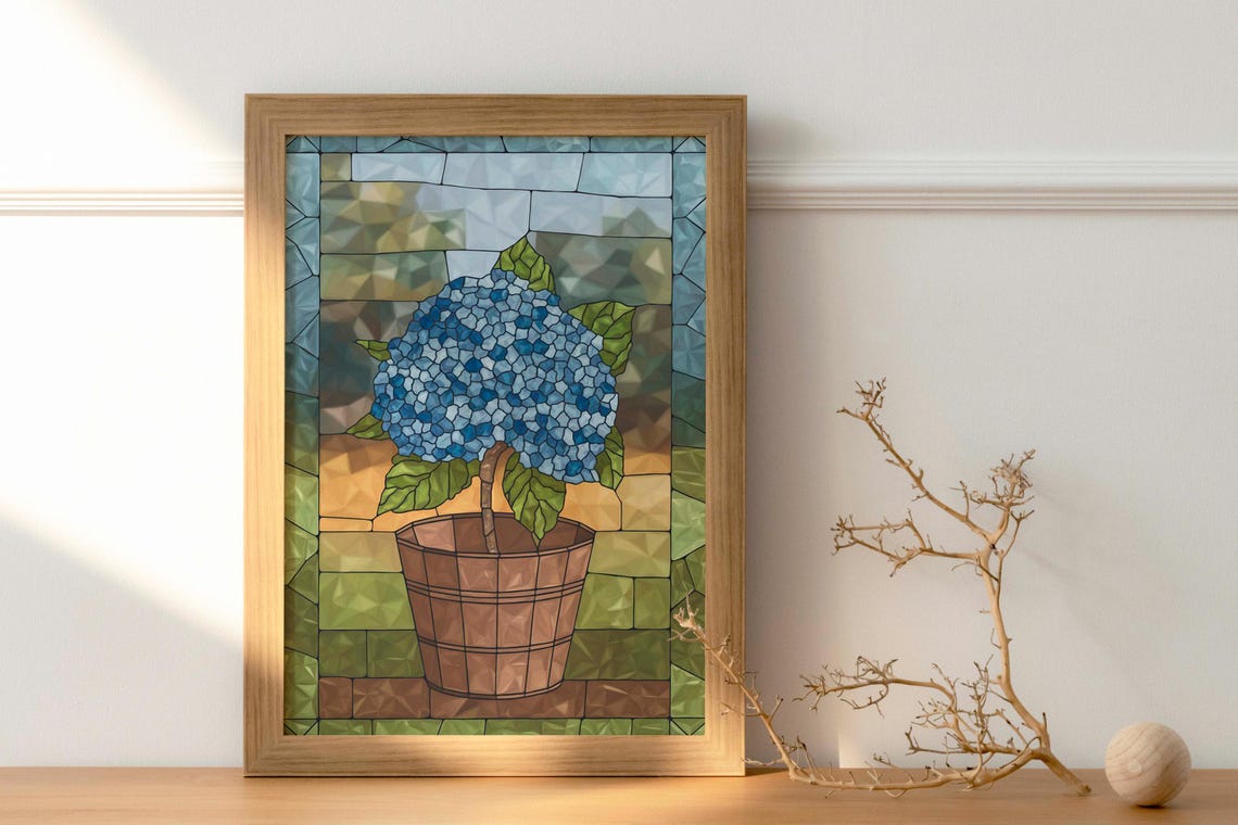 Single Blue Hydrangea Potted Bloom Stained Glass Style Poster - Image 2
