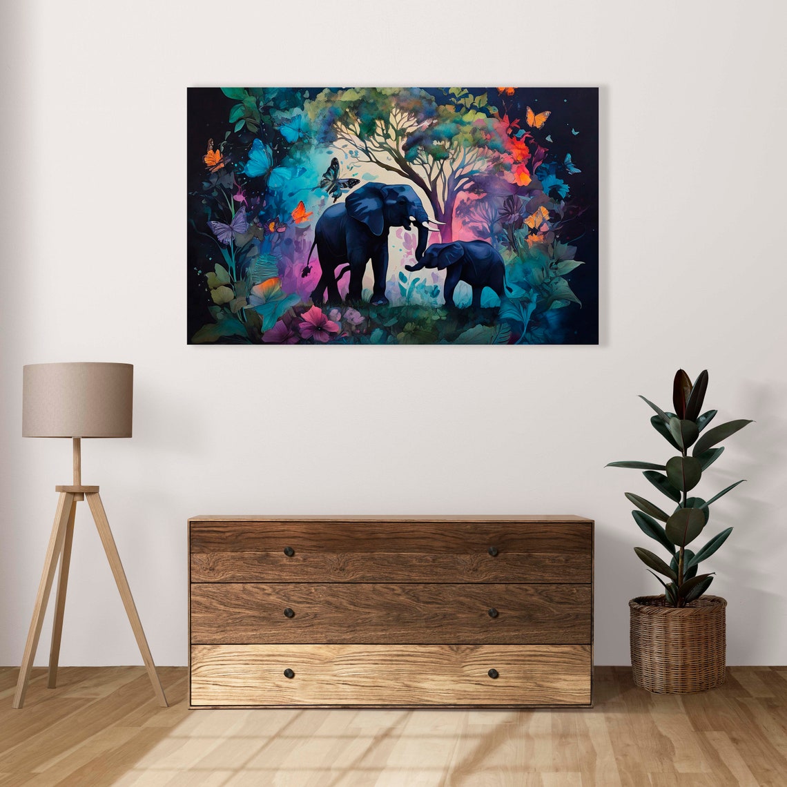 Two Elephants In A Floral Night Forest With Butterflies Poster - Image 2