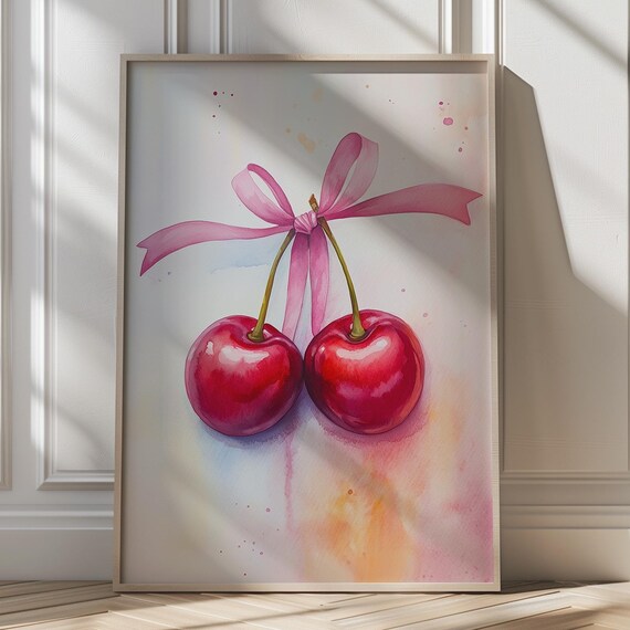 Watercolor Cherry Art Print Pink Ribbon Cherries Girly Room Decor Romantic Wall Art Coquette Pink Bow Art Trendy Wall Art Wall Art