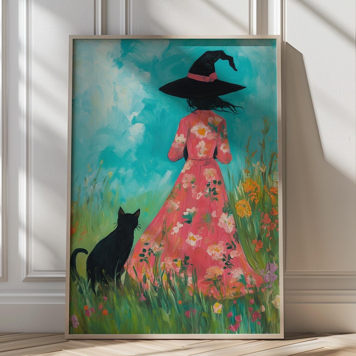 Floral Witch And Black Cat In A Wildflower Meadow Whimsical Halloween Poster