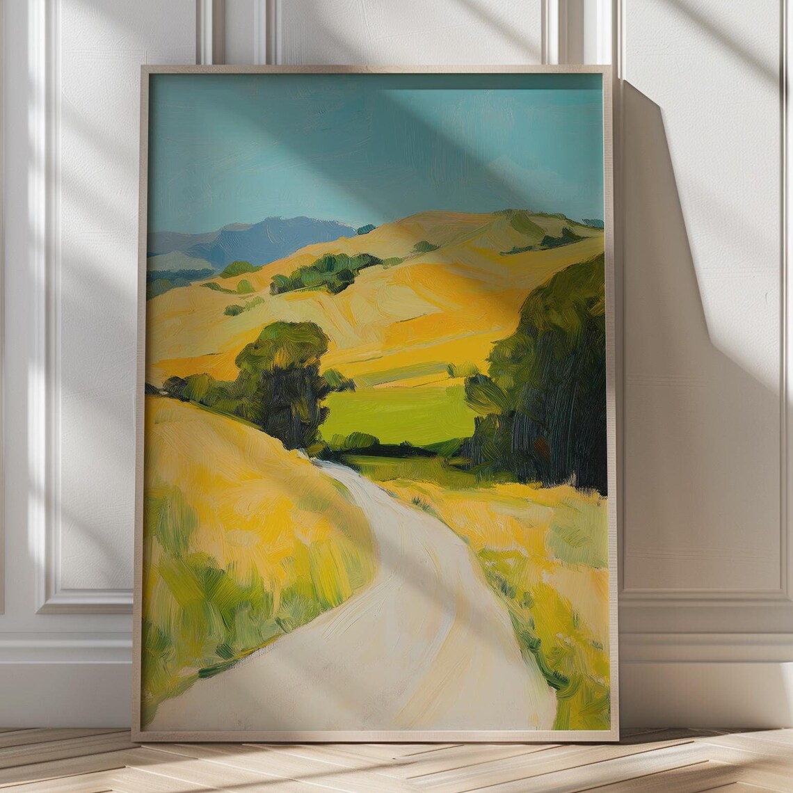 Sunlit Country Road Through Rolling Golden Hills Landscape Poster