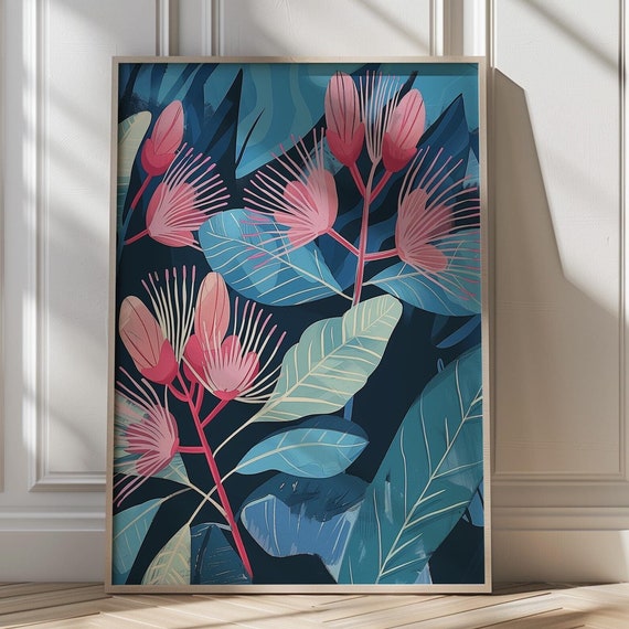 Floral Art Print Botanical Wall Art Living Room Flower Decor Bold Floral Print Modern Nature Art Colorful Floral Artwork Blue Wall Decor